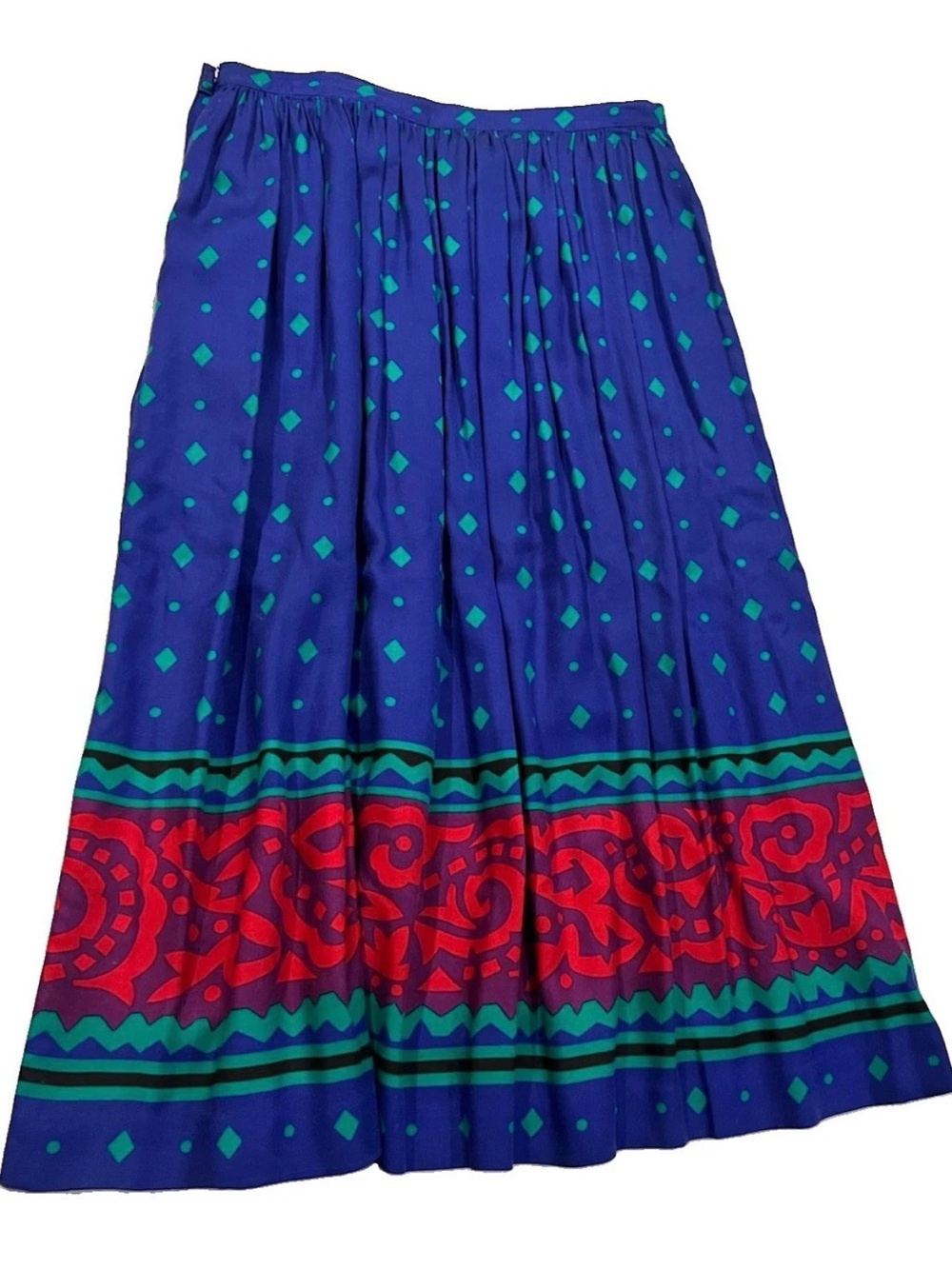 Vintage Liz Claiborne Rayon Midi Skirt Blue Geometric Border Print Size 14